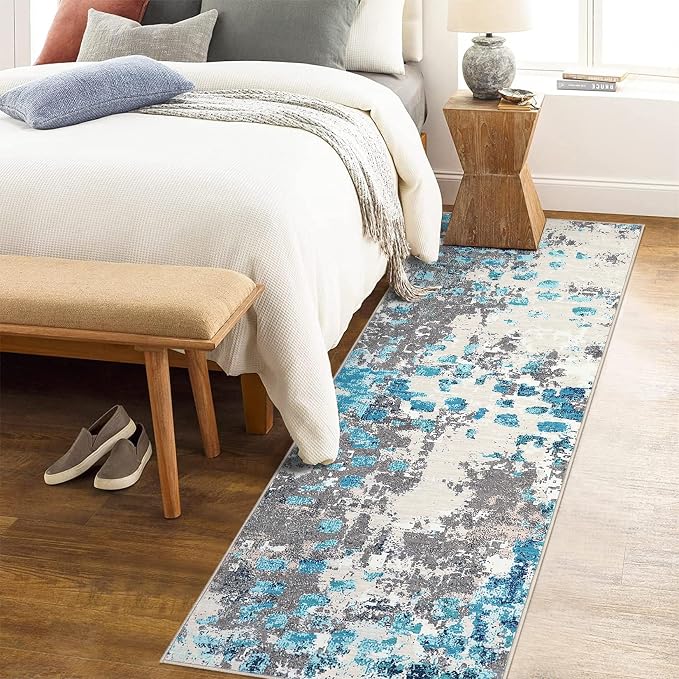 GAOMON Washable 2x6 Rugs Modern Abstract Colorful Carpet Runner Non Slip Hallway Rug Low Pile Boho Chic Watercolor Design Long Rug for Bedroom Kitchen, Blue/Grey