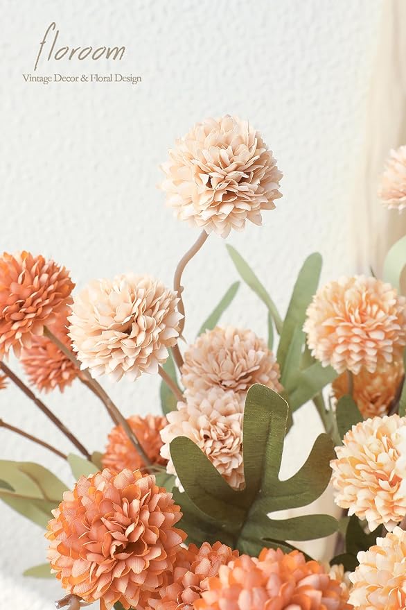 Floroom 9pcs Burnt Orange Peach Mix Faux Silk Mums Artificial Flowers, Bulk Fake Small Mini Chrysanthemums with Stems for DIY Wedding Centerpieces Floral Arrangements Vase Fillers Home Decorations