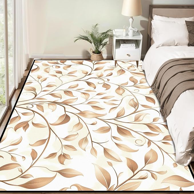 Botanical Leaf Vine Area Rug Beige Floral Branch Print Rug for Bedroom Living Room Kitchen Nursery Playroom Home Decor Non-Slip Washable Floor Mat Modern Farmhouse Carpet,4'x6'