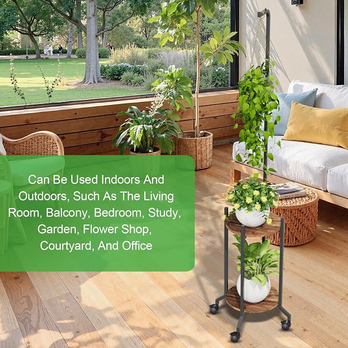 VyGrow Plant Stand Indoor, 2 Tier Hanging Tall Plant Shelf with Wheels, 3 Potted Corner Flower Stand Metal Plant Holder, Plant Shelves for Living Room, Bedroom, Patio, Outdoor, Black