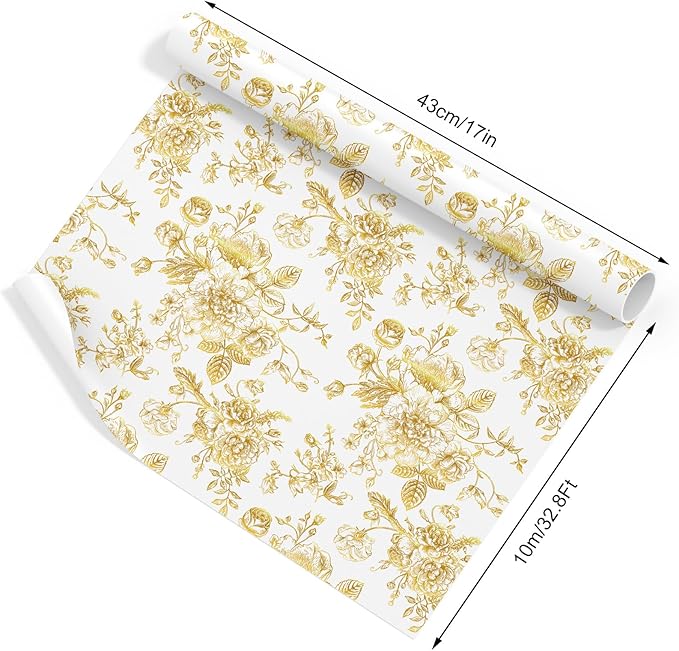 JarThenaAMCS Gold Foil Floral Wrapping Paper - Mini Roll - 17 Inch x 32.8 Ft Vintage Flower Gift Wrap Paper Decorative Art Paper for DIY Crafts Supplies