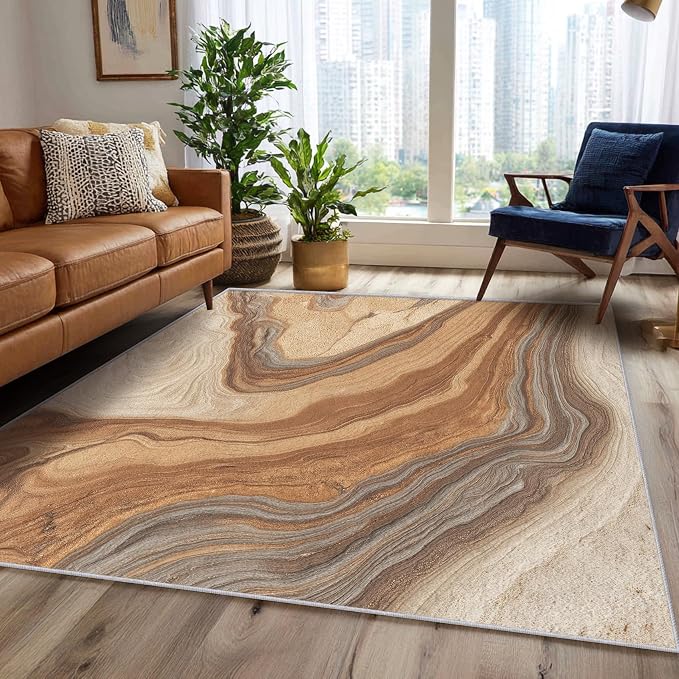Beige Marble Streak Area Rug, Brown Gray Abstract Pattern Carpet, Washable Non Slip Low Pile Soft Thin, Living Room Bedroom Home Decor Mat 4x6ft