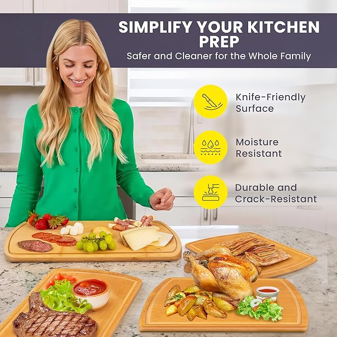 Glue-Free Surface™ 2XL Extra Large Bamboo Cutting Board Set of 4 – Small, Medium, XL, and Oversized Sizes from Chopping Vegetables to Carving Meat & Turkey for Large Family Meal Prep and Gatherings