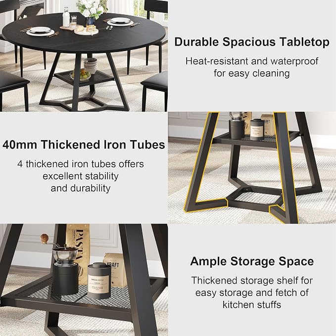 knoworld 51'' Round Dining Table, Kitchen Tables Dining Room Circle Dinner Table with Pedestal Metal Frame, Space Saving Wood Industrial Kitchen & Dining Room Tables, Black 51In