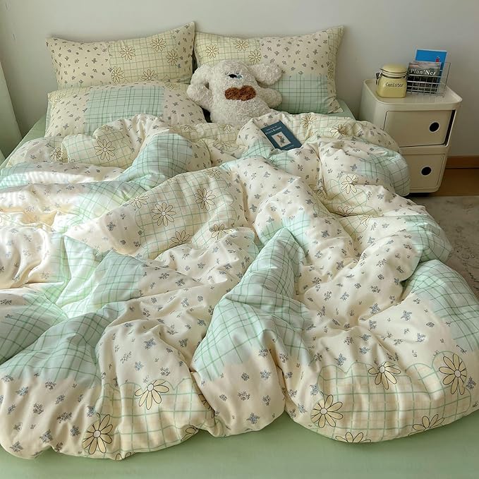 LifeTB Muslin Duvet Cover Queen Size 100% Cotton Botanical Floral Comforter Cover Aesthetic Flower Chic Plaid Desgin Cottagecore Bedding Set Breathable Soft Gauze Duvet Cover with 2 Pillowcases