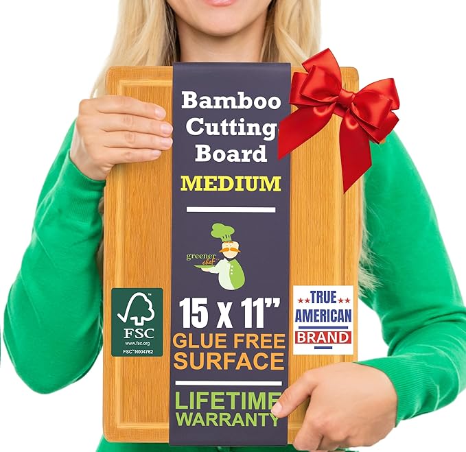 Bamboo Cutting Board – 15 Inch Wood Cutting Boards for Kitchen with Glue-Free Surface™ & Juice Groove – Non-Toxic, FSC-Certified, Durable Wooden Chopping Board - Rectangle