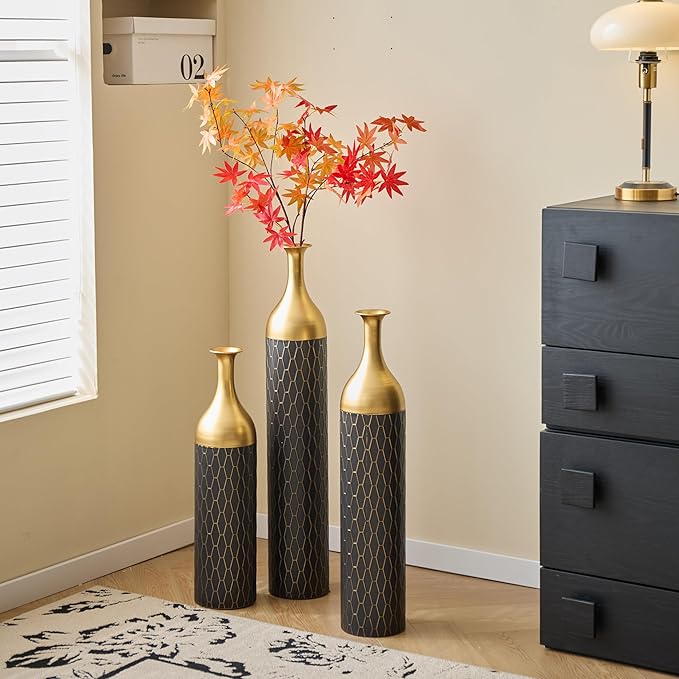 Metal Floor Vases Decorative, Set of 3 Flower Arrangement Stand, Tall Gold＆Black Metal Floor Vases for Living Room, Bedroom & Entryway, 34.25", 30.31", 24.8" H (Gold＆Black)