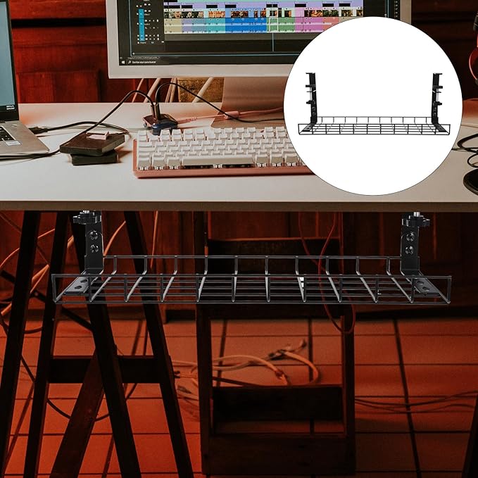 Under Desk Cable Management Tray No Drill Cord Organizer Holder Large Capacity Wire Rack for Office Desk Cable Storage 500Mm Black