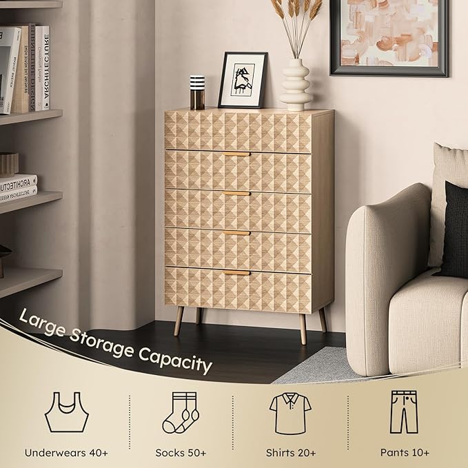 48" Tall Dresser,Chest of Drawers,5 Drawers Dresser for Bedroom,Clothes Storage with Diamond-Shaped