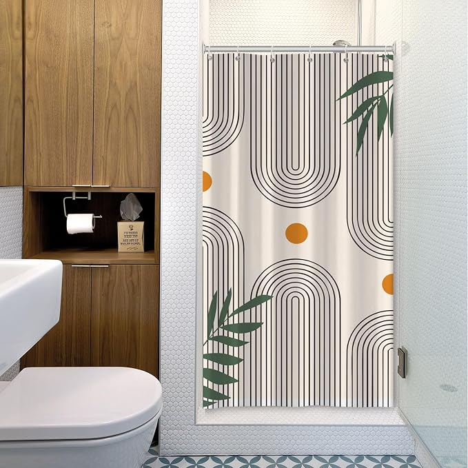 Boho Mid Century Shower Curtain Bohemian Minimalist Geometric Arch Sun Bathroom Curtain Sage Green Plant Polyester Shower Curtain Sets for Bathroom Extra Long 54x72 in with 10 Hooks