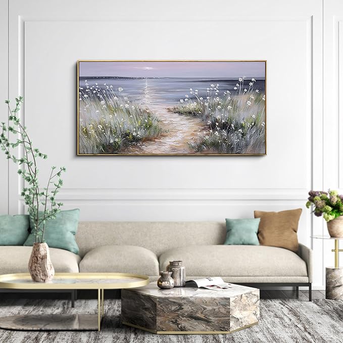 KLAKLA Bedroom Decor Wall Art Blue Beach Picture Ocean Theme Flower Canvas Print Modern Coastal Seascape Painting Framed Seaside Artwork Floral Daisy for Home Sea Lake Living Room 24X48 Inch