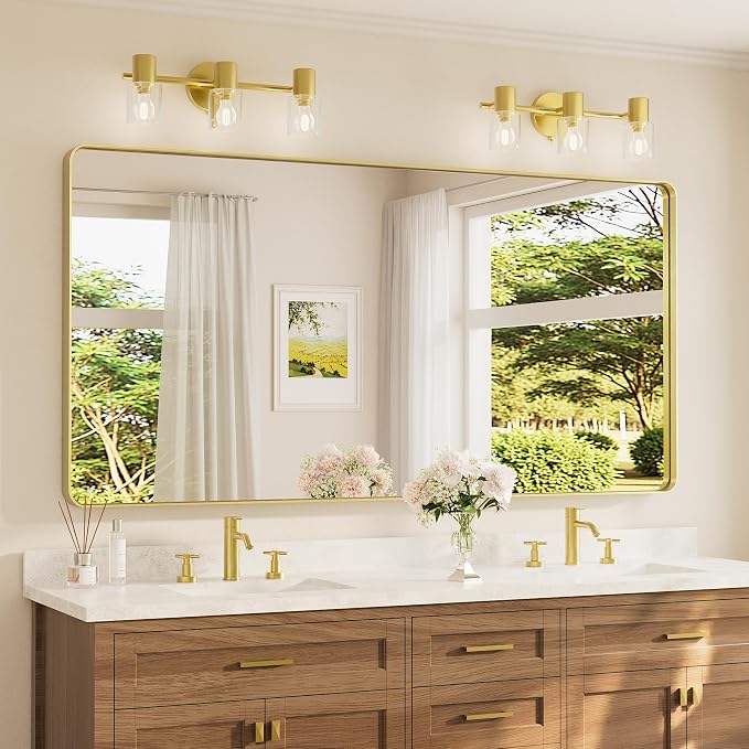TETOTE 72 x 36 Inch Brushed Gold Bathroom Mirror, Rectangle Metal Frame Champagne Gold Vanity Mirror, Modern Round Corner Large Wall Mirrors Shatterproof (Horizontal/Vertical)