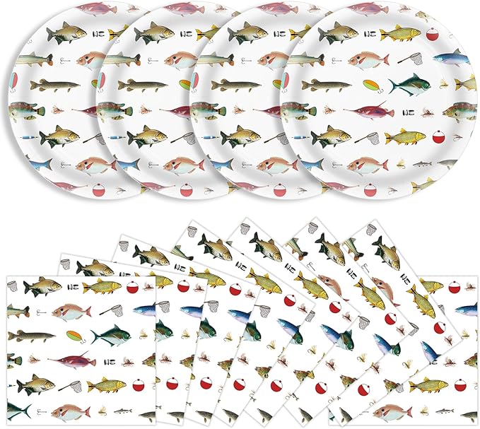 40 Pcs Fishing Plates and Napkins Party Supplies, Fishing Birthday Paper Plates and Napkins Disposable Tableware Set for Ofishally One Birthday Decorations Serves 20