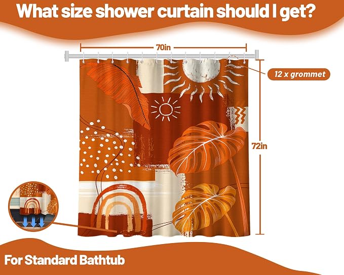 Shower Curtain, Burnt Orange, 70x72 Inch | Mid Century Modern, Bohemian Abstract Leaf, Waterproof Cloth Fabric, Includes Hooks