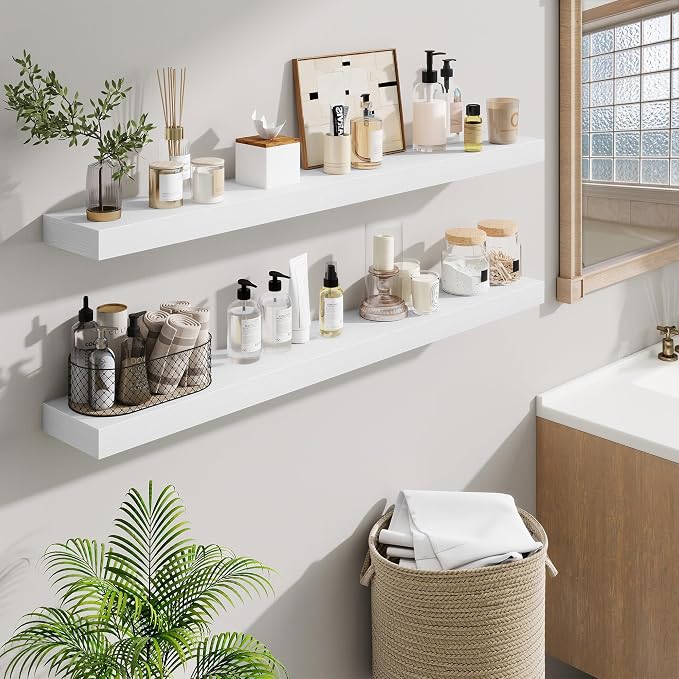 Fun Memories Floating Shelves 48 Inch, Extra Large Wood Shelf Set of 2, Hanging Wall Shelves for Bathroom, Living Room, Kitchen, Bedroom, White