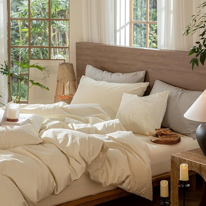 MooMee Wavy Striped Duvet Cover Set 100% Washed Cotton Linen Like Textured Breathable Durable Soft Comfy (Cream White, King 104"x90")