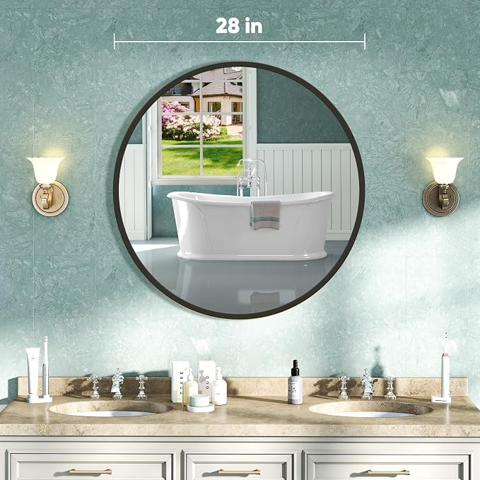 NEWBULIG Round Bathroom Mirror for Over Sink, 28 Inch Wall Mount Vanity Circle Mirror with Matte Metal Framed, Decor for Bathroom, Entryway, Bedroom, Black