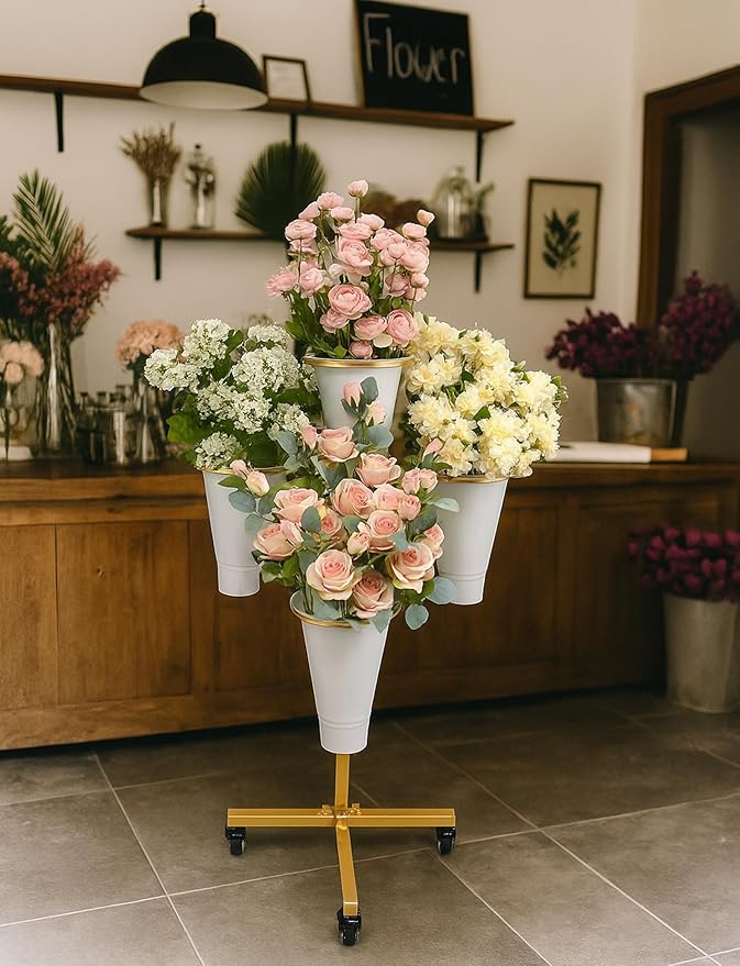 Flower Display Stand with Buckets - Flower Cart with Wheels for Bouquet Shop, Metal Flower Rack Display Stand for Wedding Garden, Party, Events (Gold, Round buckets)