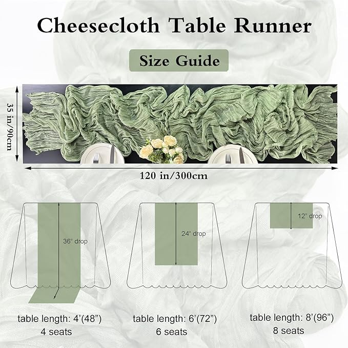 Booque Valley 6 Pack Sage Green Cheesecloth Table Runner 10ft Super Soft Boho Wrinkled Gauze Sheer Cloth for Baby Shower Baptism Birthday Party Wedding Centerpiece Table Decoration, 35x120 Inch