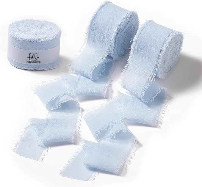 DORIS HOME Baby Blue Chiffon Ribbon for Flower Bouquet, 1" x21Yd Fabric Ribbon for Gift Wrapping, Handmade Frayed Ribbon for Wedding Invitations/Christmas Decorations