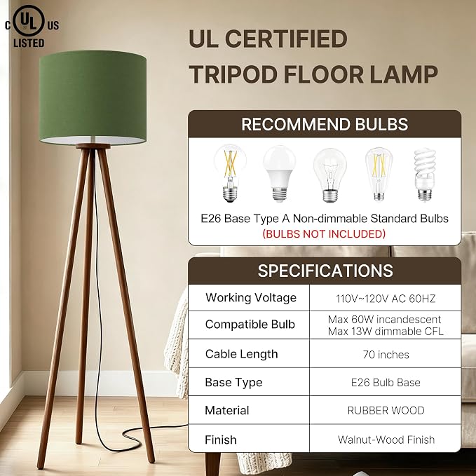Buruis 60.6" Solid Wood Tripod Floor Lamp with 15.7" Large Linen Shade, Mid-Century Walnut Finish Standing Lamp for Living Room, Bedroom, Office, Corner, UL Listed, Bulb Not Included, Green