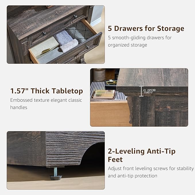 T4TREAM Farmhouse 5 Drawer Dresser for Bedroom, 47" Tall Wood Dresser with Ample Storage Space and Rustic Charm, Dark Rustic Oak