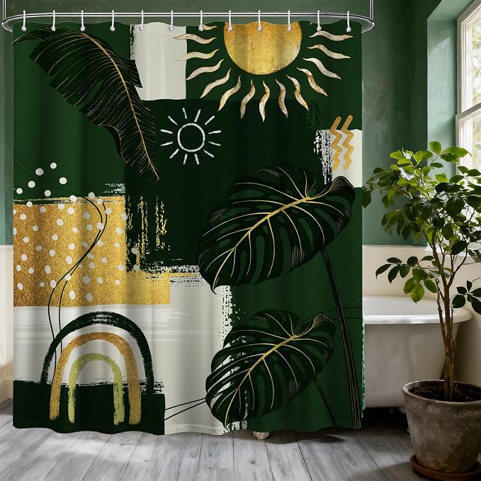 Extra Long Shower Curtain 96 Inchs Extra Tall Green and Gold XL Abstract Leaf Shower Curtains for Large Bathroom Decor Sets, Waterproof Cloth Fabric with Hooks, 70 x 96 Inch