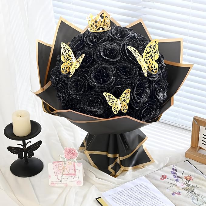 Waipfaru 24 Pcs Glitter Roses Bouquet, DIY Fake Flowers Bouquet, Artificial Black Rose Bouquet for Valentines, Mothers Day Gifts, Anniversary, Engagement, Wedding