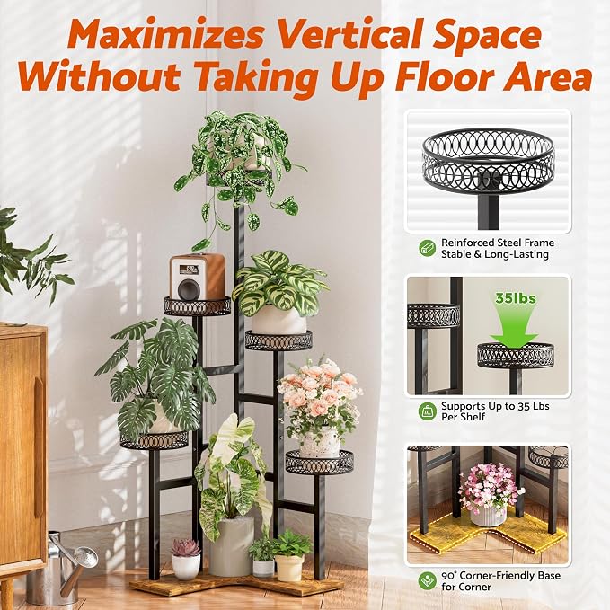Black Wood Stand Plants, 5 Tiered Corner Metal Plant Stands Tall Indoor,Heavy Duty Flower Pot Stands for Multiple Plants,Decoration Display Racks for Patio Garden -BlackFlower