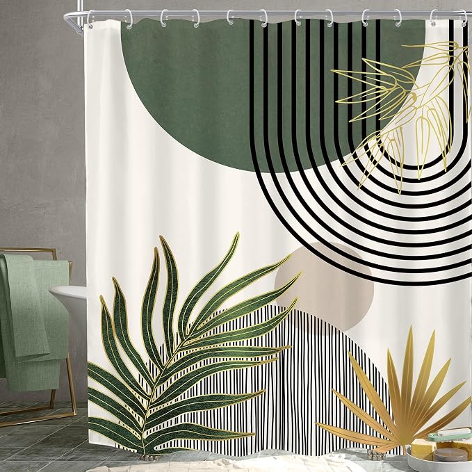 KOMLLEX Mid Century Green Boho Shower Curtain 72Wx84L Inches Abstract Modern Shower Curtains for Bathroom Gold Plant Botanical Minimalist Arch Sun Fabric Liner Waterproof Polyester 12 Pack Hooks