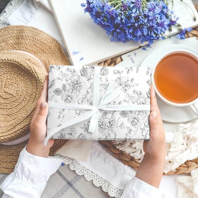 JarThenaAMCS Silver Foil Floral Wrapping Paper - Mini Roll - 17 Inch x 32.8 Ft Vintage Flower Gift Wrap Paper Decorative Art Paper for Spring DIY Crafts Supplies