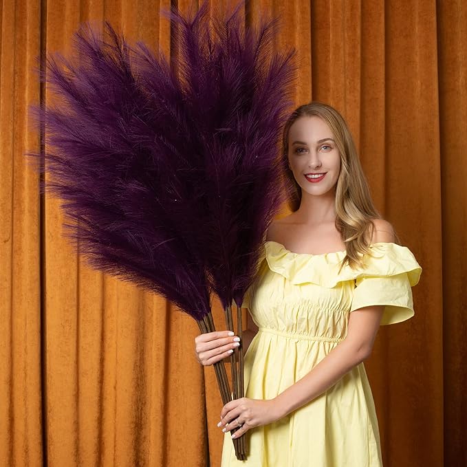 Pampas Grass Decor Tall, 43"/110cm Faux Pampas Grass 6 Stems Large Pompass Grass Branches Tall Bulk Boho Flower Arrangement for Home Room Wedding Party Decor(Purple)