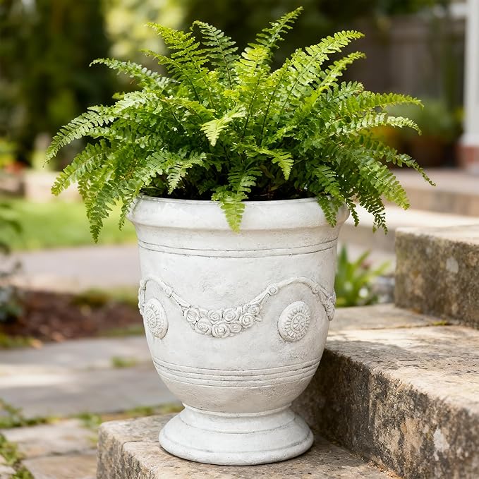 Large Urn Planter Magnesium Oxide Plant Pot with Cement Texture Concrete Urn Planters with Drainage Hole, 14" Dia x 17.5", White