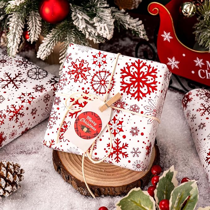 Flyhill Kraft Christmas Wrapping Paper,Red Snowflake Metallic Embossed Foil Luxury Gift Wrap Roll for Holiday, Party,Celebration, New Year (17 Inch X 32.8 Feet)