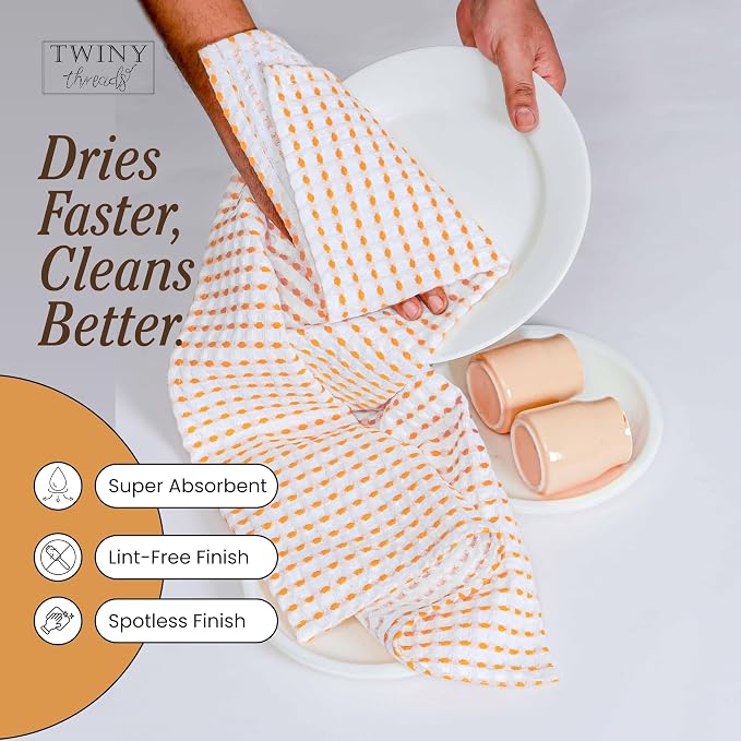 TWINY threads Waffle Dish Towels Set of 4, 16"x26" Kitchen Cloths, 100% Cotton, Soft & Absorbent Waffle Weave Hand Towel for Drying, Wiping, Polishing & Daily Kitchen Tasks, Mustard Yellow, White