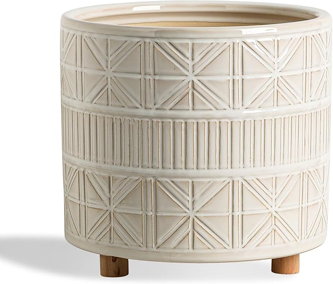 Ceramic Plant Pot with Foots: 10 Inch Planter with Wooden Legs - Large Pots for Indoor Plants - Modern Flower Pot for Home Office Patio Garden Windowsill