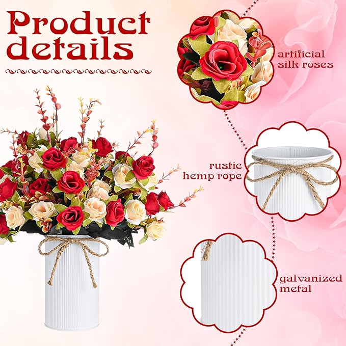 6 Set Fake Flower in Vase, Artificial Flowers with Vase, Centerpiece Table Decorations with 6 Pcs 6 Inch Large Vases and 12 Pcs Mixed Colors Silk Rose Bouquet for Wedding Home Office Farmhouse Decor