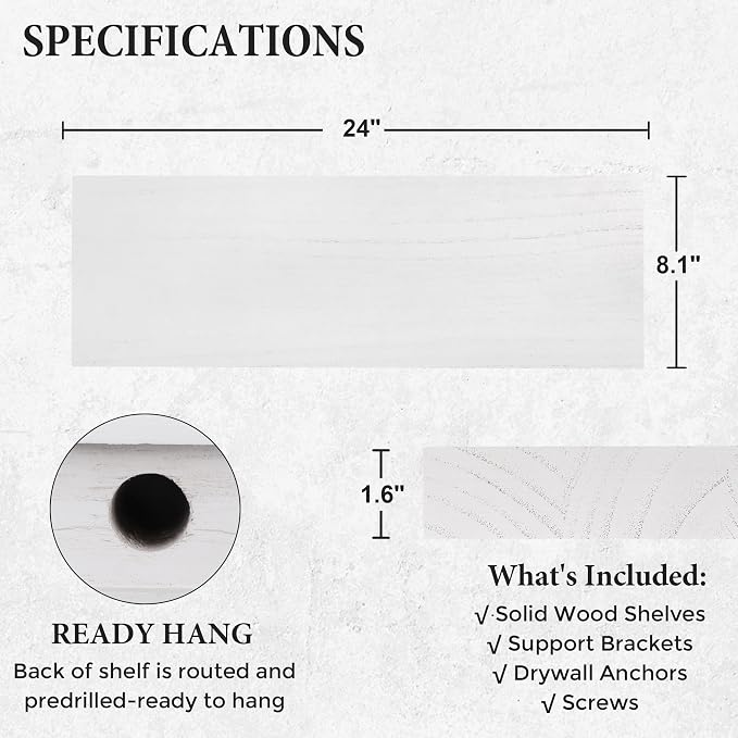 Axeman Floating Shelves, 2 Pack 8 Inch Deep Rustic Solid Wood Wall Shelves for Storage, Wall Mounted Display Shelving with Invisible Heavy-Duty Metal Bracket, 24" W x 8" D x 1.6" H, Distressed White