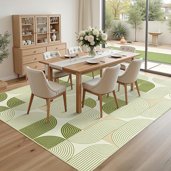 Rugs for Living Room, Soft Green Area Rug for Bedroom 5x7, Washable Mid Century Modern Rug, Non Slip Indoor Floor Boho Low Pile Abstract Carpet for Dining Room Nursery Office Home