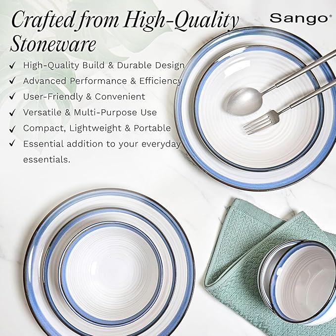 Sango Siterra Santorini 16-Piece Stoneware Dinnerware Set for 4, Ceramic White Plates and Bowls Sets with Blue Rim & Reactive Glaze, Chip Resistant Dish Set, Microwave & Dishwasher Safe Kitchen Dishes