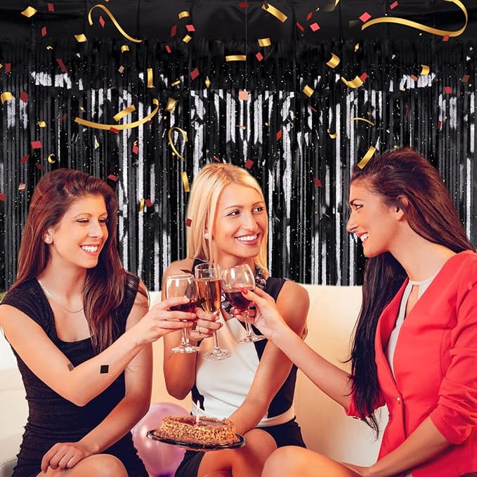 2 Pack 3.2ft x 8.2ft Black Tinsel Foil Fringe Curtain, Sparkle Metallic Foil Backdrop for Party Photo Booth Props New Years Eve Birthday Bridal Shower Bachelorette Holiday Decorations Supplies