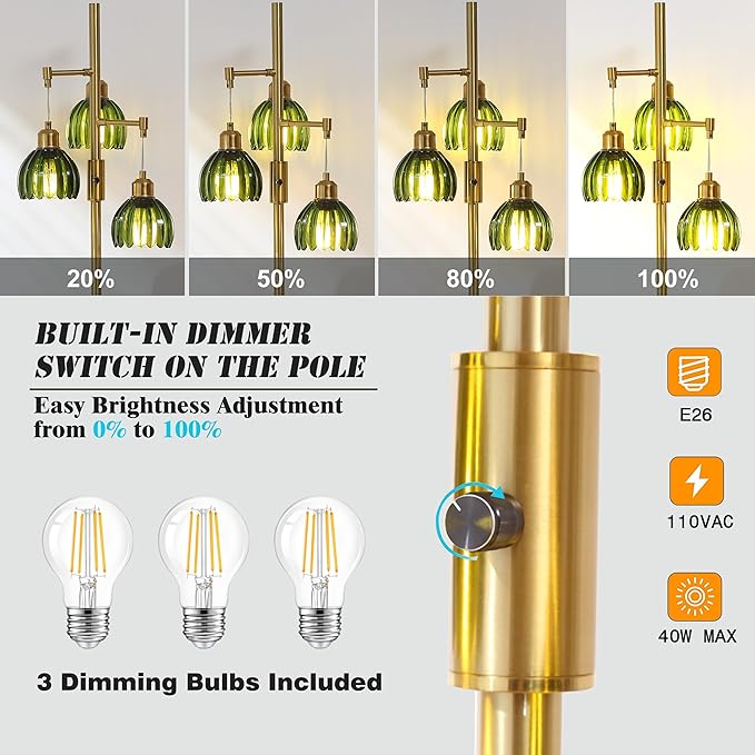 Dimmable Gold Floor Lamp,3-Light Vintage Retro Tree Floor Lamp,Farmhouse Standing Lamp with 3 Elegant Glass Green Flower lampshades for Living Room Bedroom (Brass Gold)