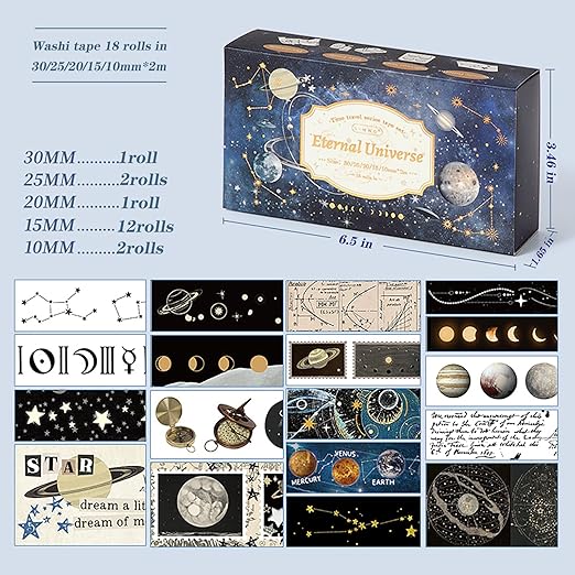 Auguro 18 Rolls Celestial Washi Tape Set Galaxy washi Tape for Crafts and Journaling DIY washi Tape for journaling Decorative Tape for Scrapbook Scrapbooking Supplies