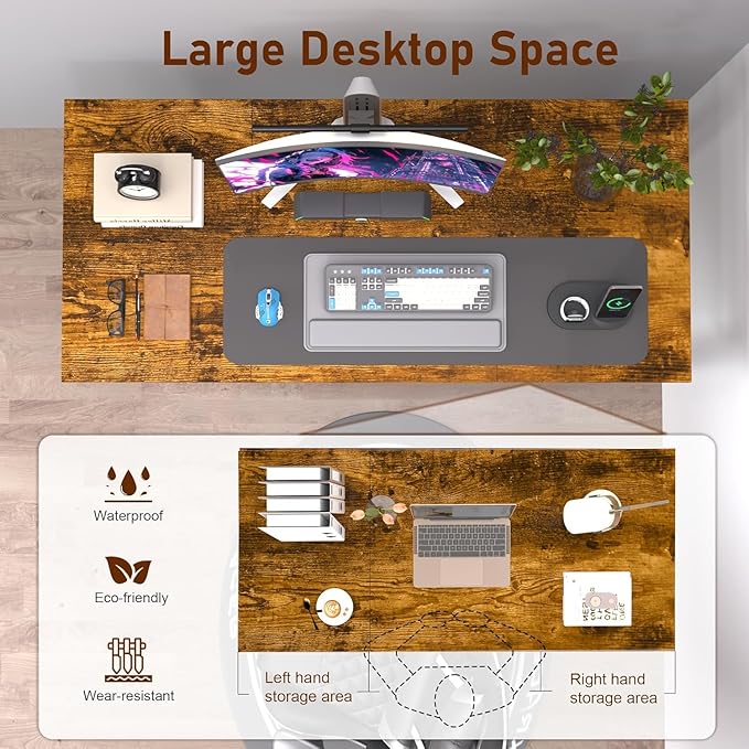 55'' Computer Desk with Deeper Desktop, Home Office Desk Workstation with Sturdy Metal Frame, Modern Simple Desk for Gaming Studying Writing, Rustic Brown