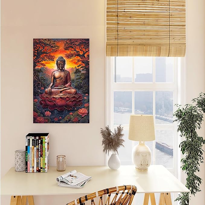 Golden Buddha on lotus seat serene meditation statue amidst lush trees flowing water and sunrise light spiritual home art for a tranquil decor 20x30in Frameless