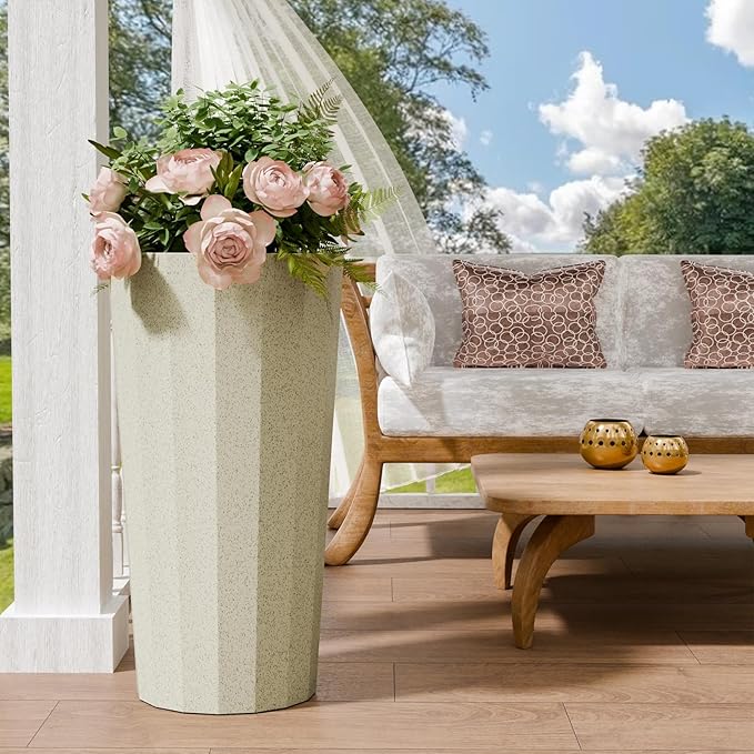 23.6" Tall Outdoor Planters Set of 2, Large Planters for Outdoor Plants for Porch Decor with Drainage Hole, Wide Stripe Design Porch Flower Pots for Indoor Pot Patio/Garden, Off White