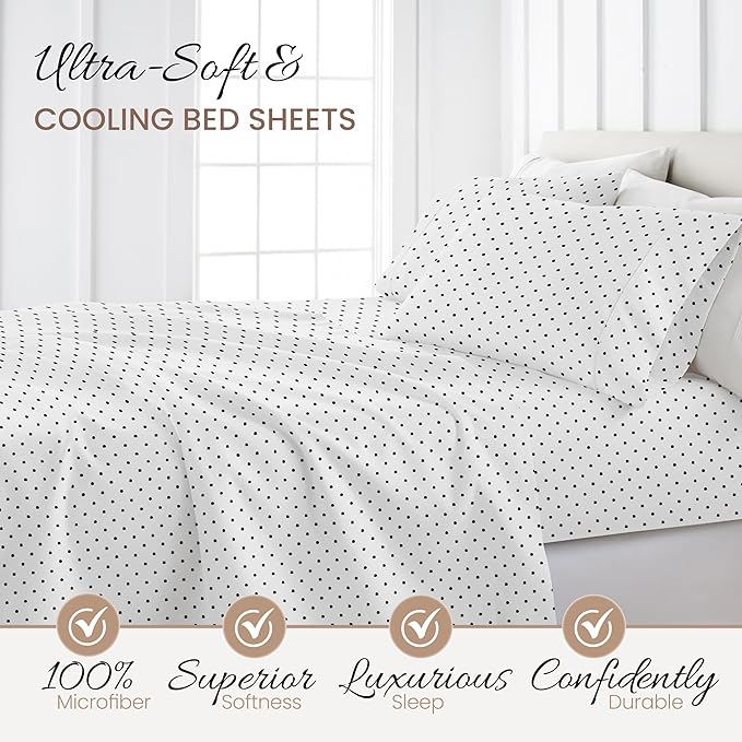 Linen Market 4 Piece Queen Sheet Set - Breathable, Double-Brushed Patterned Cooling Sheets – Oeko-TEX Certified Ultra Soft & Wrinkle-Free 16" Deep-Pocket Queen Sheets - Easy Care Dots Navy
