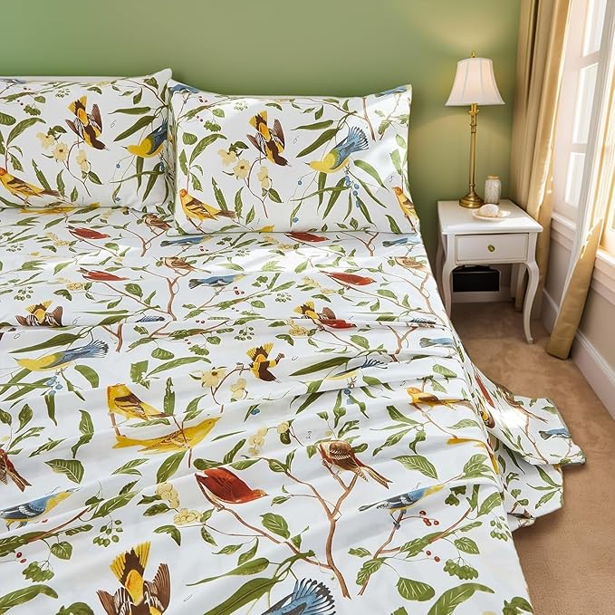 Brandream Eastern Floral Birds Bedding Chinoiserie Blossom Sheet Set Luxury Bedding 800TC 100% Egyptian Cotton Deep Pocket White Green Asian Style Botanical Ornamental Drawing, 4PC-King Size