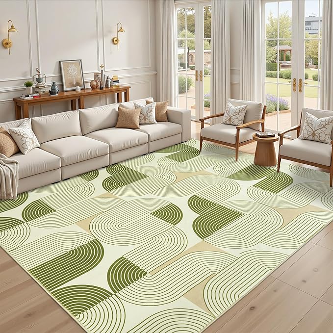 Rugs for Living Room, Soft Green Area Rug for Bedroom 4x6, Washable Mid Century Modern Rug, Non Slip Indoor Floor Boho Low Pile Abstract Carpet for Dining Room Nursery Office Home