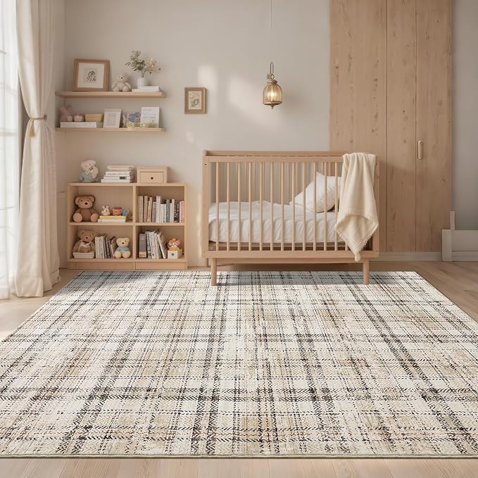 Modern Washable 8x10 Area Rug - Soft, Non-Slip, Stain Resistant, Farmhouse Tartan Plaid for Living Room, Bedroom, Nursery, Office - Beige